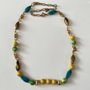 Vintage NY Collection Beaded Necklace Multicolor Yellow Green Gold Tone Chain